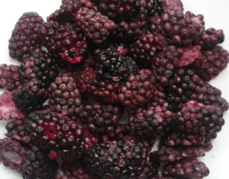 May include: A close-up image of a bowl filled with dried blackberries. The blackberries are dark purple and have a slightly wrinkled texture.