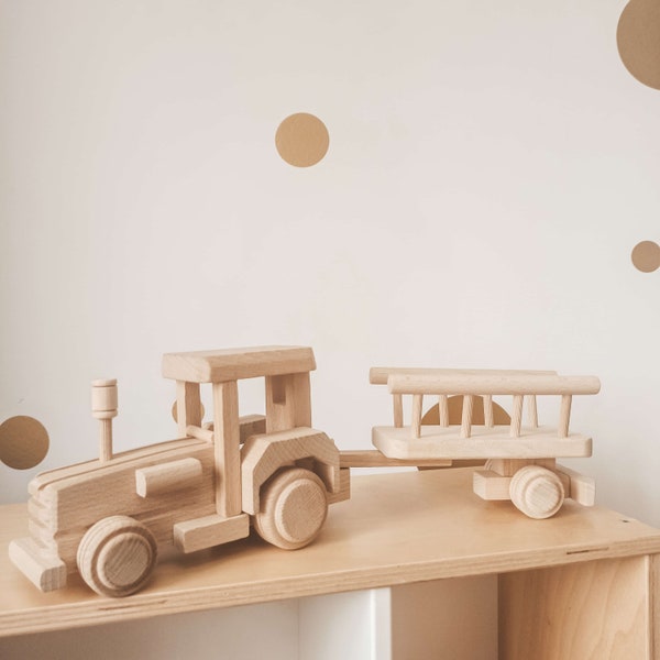 Handgemaakte houten tractor, Montessori, eco-auto, natuurlijk hout