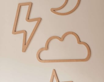 set of cut plywood decorations, star, moon, cloud