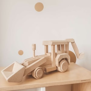 handmade wooden digger, eco car, natural wood
