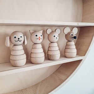 Set wooden toys, Animals figure, mouse, bear, cat, dog, puzzle, pyramids