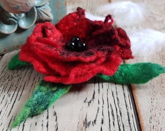 Red Felt Flower Brooch Flower Brooch Hand Felted Wool Woman Small Red Floral Accessory Wristband Felt Pin Headband Red Flower Gift