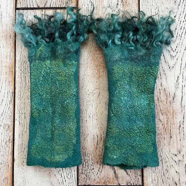 Mitaines sans doigts en laine bleu turquoise, cadeau pour homme, cadeau pour femme, gants sans doigts feutrés chauffe-bras en feutre