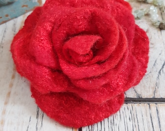 Red Rose Felt Brooch Romantic Flower Brooch Hand Felted Wool Woman Big Red Floral Accessory Wristband Felt Pin Headband Gift for Her