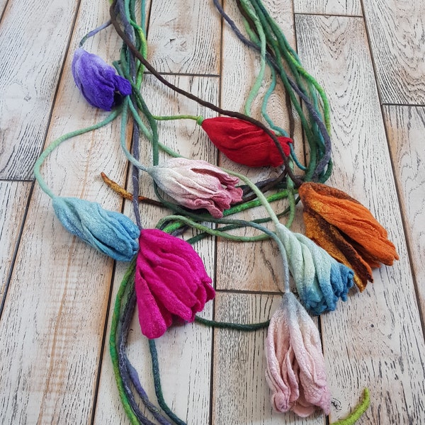 Long Felt Necklace Nuno Felt Jewelry Merino Wool Spring Long Flower Scarf Wrap Necklace Textile Jewelry Gift for Mom  , Home Decoration