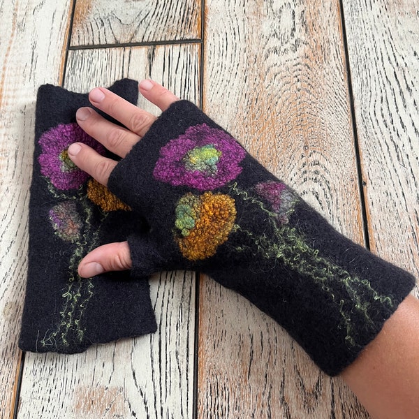 Gift for women Mens gift Felted fingerless gloves Wool fingerless mittens Felt arm warmers