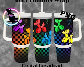 40oz Tumbler Wrap | Balloon Dog | Rainbow | Sublimation | PNG | Checkered | LGBTQ | Digital File | LGBTQ Tumbler | 90&#39;s | Pride | 90&#39;s Kid