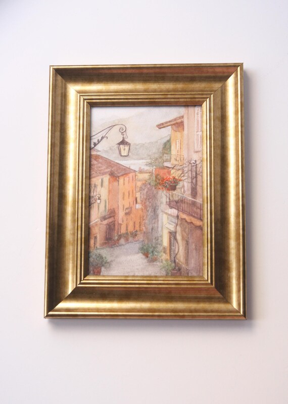 額入りイタリア風景画：手描きのコモ湖畔のベラージオ村、4x6インチ 