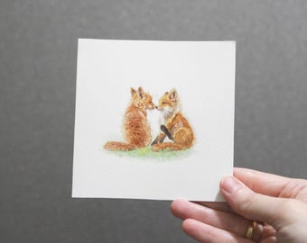 Watercolor Fox Cubs Painting: Hand Painted Tiny Art, 4x4"