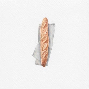 Dipinto ad acquerello raffigurante una baguette francese, decorazione da parete per la cucina, piccolo dipinto a mano, 4x4"
