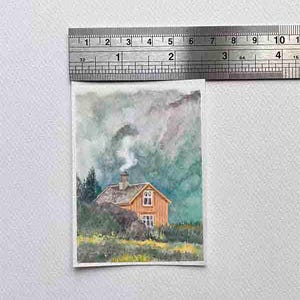 Paesaggio dell'Alaska in miniatura, dipinto a mano, piccolo dipinto ad acquerello, 2,5x3,5"