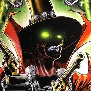 May include: A comic book character with red and black clothing, green eyes, and a large, wide-brimmed hat. The character is holding two gold pistols and has a skull on their chest. The background is green with skulls and chains.