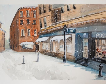 Acquerello // inverno in una piccola città // Acquerello originale
