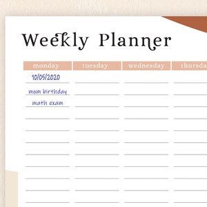 weekly planner printable landscape weekly planner horizontal etsy