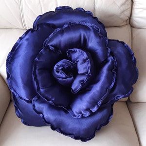 Navy Blue Cushion Blue pillow Unique flower shaped pillow Satin Blue cushion 3D Pillow