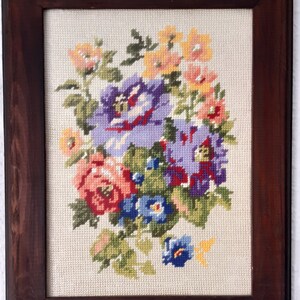 ヴィンテージ刺繍絵「ワイルドフラワー」壁飾り 家の装飾刺繍絵 手刺繍アート 手工芸品
