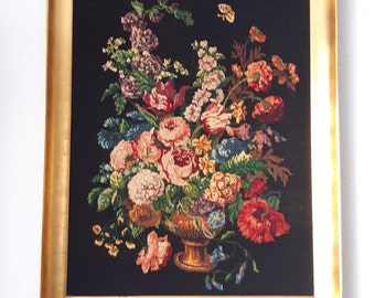 Vintage Embroidered picture "Flowers in Vase" Wall decor Home decor Decor embroidered picture Hand embroidered painting art Handcraft Gift