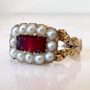Antique Georgian Seed Pearl Halo & Red Garnet Paste Solid Gold Ring | 18ct 18k Yellow Gold | Chased Floral Shoulders | Hand Etched Engraved