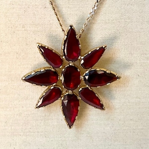 Antique Large Victorian Garnet & Solid 9k 9ct Rose Gold Pendant or Brooch | Flat Cut Red Garnet Gem | Foil Backed | Foiled  | Star Sun Burst