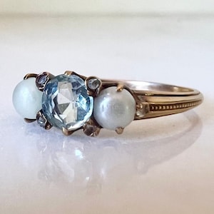 Antique Edwardian Aquamarine Pearl & Diamond Ring | Solid 9ct 9k Gold | Old Rough Rose Cut Diamonds | Round Blue Aquamarine Stacking Band