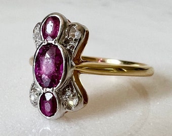 Antique Art Deco Ruby & Diamond Panel Ring | Solid 18k 18ct Yellow Gold and Platinum | Engagement or Dress Ring | Old Rose Cut Diamonds