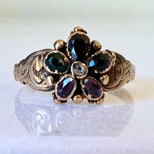 Rare Antique Georgian “REGARD”  Solid Gold Pansy Diamond & Multi-Gemstone Ring | Ruby Emerald Garnet Amethyst | Flower Ring | Hand Etched