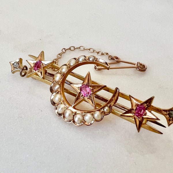 Antique Victorian Diamond Pink Sapphire & Seed Pearl Bar Brooch | 15ct Solid Gold | Rose Cut Diamonds | Crescent Moon Stars Celestial Brooch