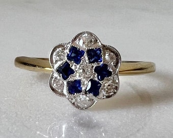 Antique Art Deco Sapphire & Diamond Daisy Ring | Solid 18k 18ct Yellow Gold and Platinum | Engagement or Dress Ring | OMC Old Cut Diamonds