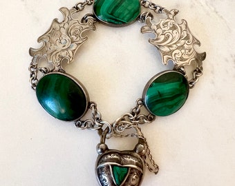Antique Victorian Solid Silver Scottish Pebble Bracelet | Etched Fancy Link Chain | Green Malachite Repousse Floral Puffy Love Heart Padlock