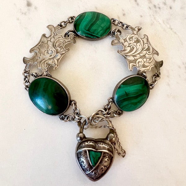 Antique Victorian Solid Silver Scottish Pebble Bracelet | Etched Fancy Link Chain | Green Malachite Repousse Floral Puffy Love Heart Padlock