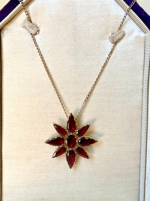 Antique Large Victorian Garnet & Solid 9k 9ct Rose Gold Pendant or Brooch | Flat Cut Red Garnet Gem | Foil Backed | Foiled  | Star Sun Burst