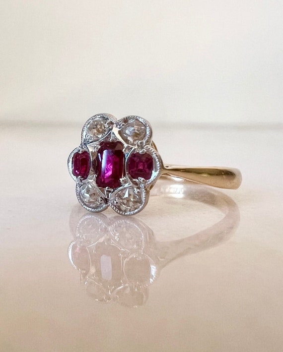 Antique Art Deco Ruby & Diamond Daisy Ring | Soli… - image 1