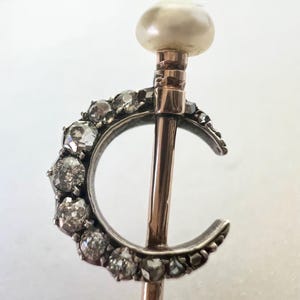 Antique Victorian Diamond Crescent Moon & Pearl Bar Brooch | 15ct Solid Gold | Old Cut and Rose Cut Diamonds | Crescent Celestial Brooch