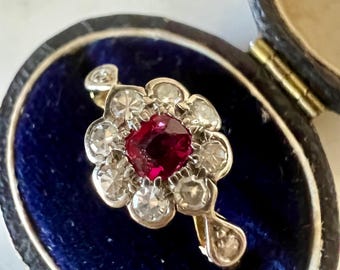 Antique Edwardian Ruby & Diamond Daisy Ring | Solid 18k 18ct Yellow Gold and Platinum | Engagement or Dress Ring | OMC Old Cut Diamonds
