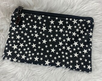Stars Black White Vinyl Small Zipper Pouch Makeup Bag