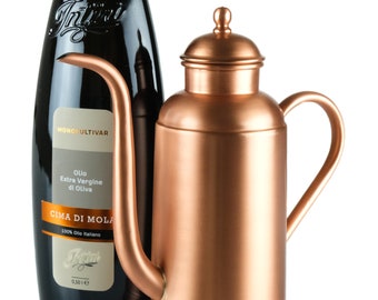 Olive oil dispenser. Copper oil cruet with long and curved spout, is ideal for exact pouring of olive oils for pasta, finishing pizza, BBQ