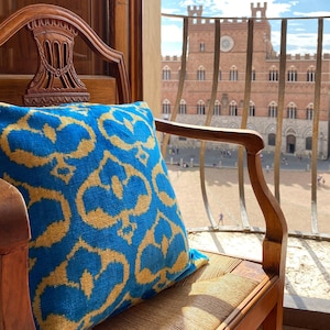 Ikat Weaving Blue Throw Pillow, Blue Ikat Fabric. Yellow Pillow Case, Velvet Ikat Pillow, Sofa Pillow Cases, Ethnic Home Decor