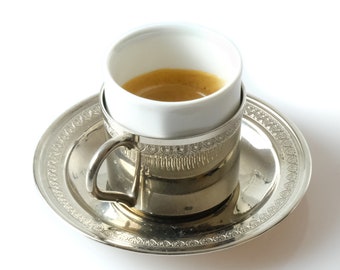 Italiaanse espressokopje set. Koperen en keramische espressokopjes geschenkset, doos met bord. Vernikkeld espressoliefhebber cadeau. Italiaans koffiekopje