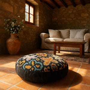 Pouf Round Meditation Cushion. Ikat Floor Pouf, Round Velvet Pouf, Bedroom Decor, Floral Velvet Floor Pillow, Green Velvet Cushion Pouf
