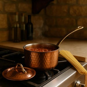 Casserole à pâtes en cuivre avec couvercle. Cuivre massif martelé à la main pour une résistance et une beauté durables. 4,1 pouces.