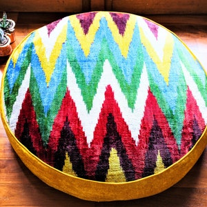 Round Velvet Pillow, Round Pouf, Outdoor Decor, Green Ikat Pillow, Lgbt Patch Pillow Case, Throw Pillow Cover, Comfortable Boho Pouf
