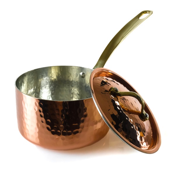 Copper saucepan with lid. Hand hammered for strength and lasting beauty. 5.1 inch.