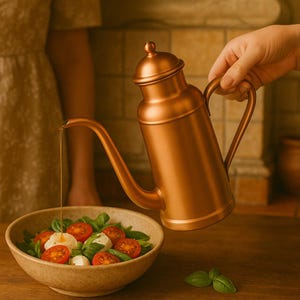 Olive oil dispenser. Copper oil cruet with long and curved spout, is ideal for exact pouring of olive oils for pasta, finishing pizza, BBQ