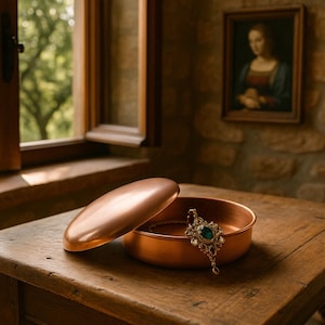 Copper box with a lid for ring. Copper anniversary gift. Round solid copper jewelry box. Minimalist treasure box. Italian gift for her.