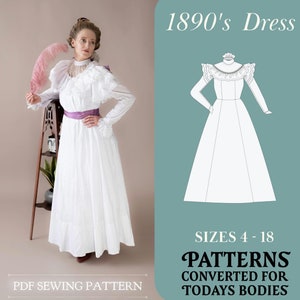 以下が含まれることがあります： フリルネックと長袖の白い1890年代のドレスの縫製パターン。パターンはサイズ4〜18で、現代の体型に合わせて調整されています。画像の下部に「PDF Sewing Pattern」というテキストがあります。