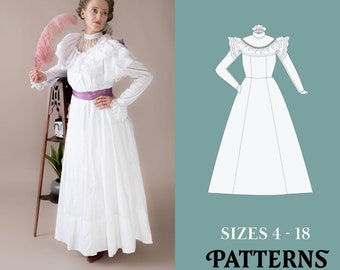 May include: A white 1890's dress sewing pattern with a ruffled neckline and long sleeves. The pattern is for sizes 4-18 and is converted for today's bodies. The text "PDF Sewing Pattern" is at the bottom of the image.