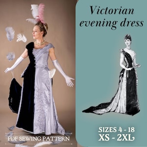 Victorian Evening Dress Sewing Pattern | Late Victorian Era Dress | sizes xs-xxl | 4-18 | US Letter | A4 | Print-at-Home