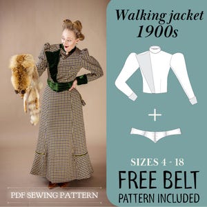 May include: A PDF sewing pattern for a walking jacket from the 1900s. The pattern includes a free belt pattern and is available in sizes 4-18. The image shows a woman wearing a similar jacket in a plaid fabric.