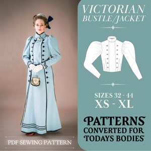 Patrón de chaqueta victoriana Bullicio PDF 1880s-1890s - Guía de decoración y costura DIY, A4 imprimible, Carta de EE. UU., Tamaños A0, Descarga de disfraces vintage