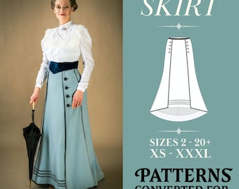Puede incluir: Un patrón de costura digital para una falda victoriana. El patrón incluye tallas XS a XXXL y está adaptado a los cuerpos modernos. La imagen muestra a una mujer con una falda azul con ribete negro y una blusa blanca.
